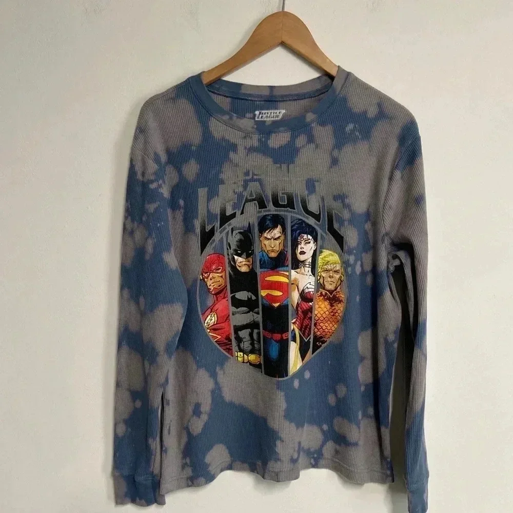 Justice League Adult Large Waffle Knit Thermal Shirt Streetwear Superhero Grunge